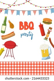 BBQ party invitation template. Summer Barbecue weekend flyer, banner, or poster. Grill illustration with food and drinks. Design template for card, poster, and announcement.