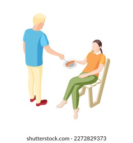 Bbq party isometric icon with man giving woman plate with grilled sausage 3d vector illustration
