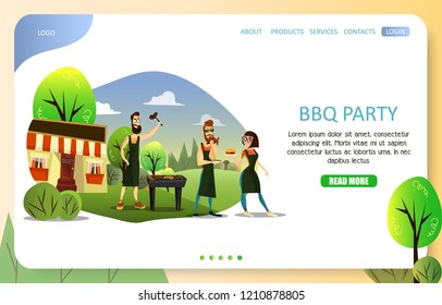 BBQ party landing page website template. Vector illustration of people grilling meat, sausages. Grill picnic web page design.