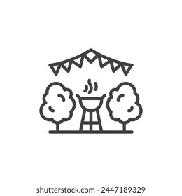 Icono de línea de fiesta de barbacoa. signo de estilo lineal para concepto móvil y Diseño web. La parrilla de barbacoa y las banderas de fiesta delinean el ícono del Vector. Símbolo, ilustración del logotipo. Vector gráfico