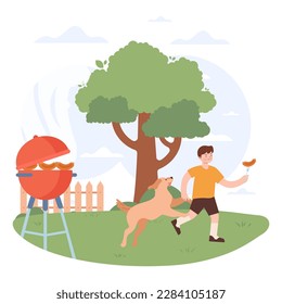 BBQ party. Little boy playing with a dog outside. Summer leisure with family. Backyard picnic on a weekend. Flat vector illustration