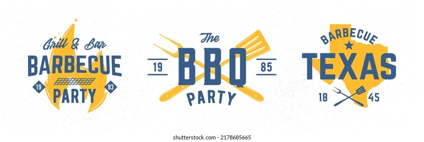 BBQ party logo set. BBQ party, Grill, barbecue restaurant poster. BBQ trendy logo with grill fork, spatula, fire flame, texas map and craft grunge textures. Vector emblems templates.