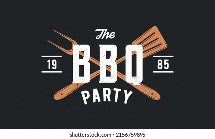 BBQ party logo. Steak House, Grill, barbecue restaurant poster. BBQ trendy logo with grill fork, spatula and craft grunge textures. Vector emblem template.