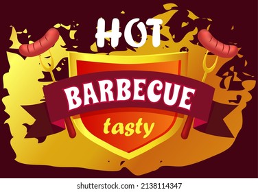 Plantilla del logotipo del partido BBQ, emblema para café, restaurante o servicio de entrega de comida. Carteles publicitarios de comida a la parrilla. Barbeque, picnic con diseño de etiqueta de parrilla, etiqueta de círculo o barbacoa caliente de pegatinas