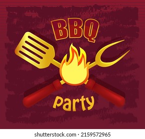 Plantilla del logotipo del partido BBQ, emblema para café, restaurante o servicio de entrega de comida. Carteles publicitarios de comida a la parrilla. Barbeque, picnic con diseño de etiqueta de parrilla, etiqueta de círculo o barbacoa caliente de pegatinas