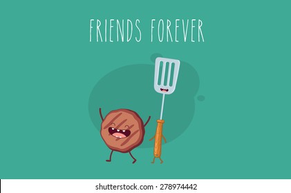 BBQ party. Meat cutlet and barbecue tool. Vector cartoon. Friends forever. Comic characters. You can use in the menu, in the shop, in the bar, the card or stickers.