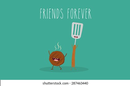 BBQ party. Meat cutlet and barbecue tool. Vector cartoon. Friends forever. Comic characters. You can use in the menu, in the shop, in the bar, the card or stickers. Easy to edit.