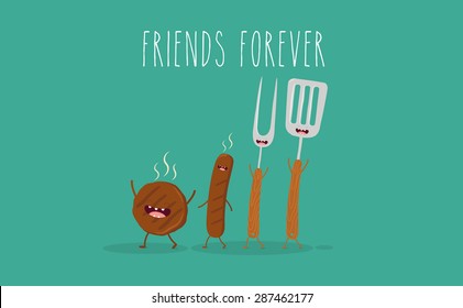 BBQ party. Meat cutlet and sausage with barbecue tools. Vector cartoon. Friends forever. Comic characters. You can use in the menu, in the shop, in the bar, the card or stickers. Easy to edit.