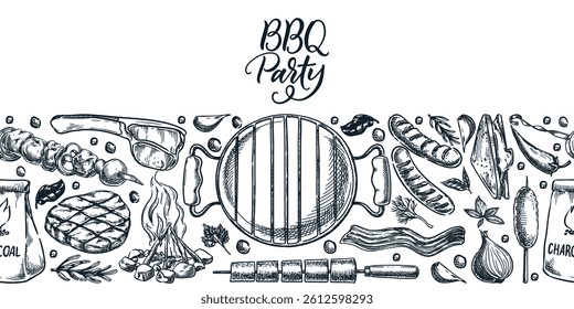 BBQ party menu for picnic. Seamless horizontal backdrop. Vector hand-drawn illustration of grilled food and snacks. Banner, poster, and label design elements