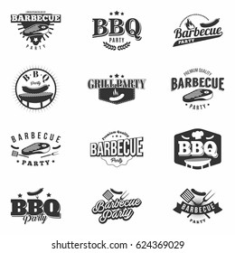 BBQ Party Monochrome Badges set . Invitation templates for summertime party in retro vintage style with barbecue design elements grill, hot dog, steak, flame and more. Isolated. Vector.