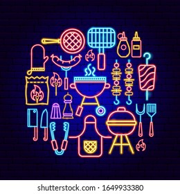 BBQ Party Neon Concept. Vector Illustration of Barbecue Promotion.