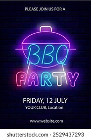 BBQ party neon flyer. Vertical poster template. Colorful text and purple barbecue grill pan. Vector stock illustration