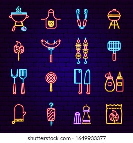 BBQ Party Neon Icons. Vector Illustration of Barbecue Promotion.