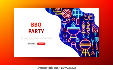 BBQ Party Neon Landing Page. Vector Illustration of Barbecue Promotion.