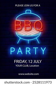 BBQ party neon poster. Vertical flyer template. Barbecue event. Catering invitation. Butcher greeting card. Editable stroke. Vector stock illustration