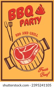 BBQ party. Old style poster with grill