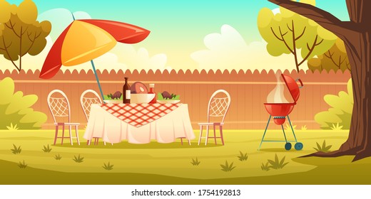 BBQ Party On Backyard With Cooking Grill, Food On Table, Chairs And Umbrella. Vector Cartoon Illustration Of Picnic With Barbecue On Summer Lawn In Park Or Garden