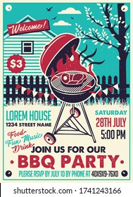 BBQ Party On The Backyard. Vector Poster Illustration.