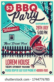 BBQ Party On The Backyard. Vector Poster Illustration.