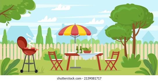 Partida de barbacoa en el vector de patio trasero. Barbacoa de parrilladas de verano.