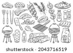BBQ party outline icons set, barbecue, grill or picnic. Grilled salmon, sausage, vegetables, meat steak and shrimp drawing monochrome illustration. Hand drawn barbecue tools.
