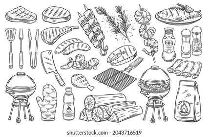 BBQ party outline icons set, barbecue, grill or picnic. Grilled salmon, sausage, vegetables, meat steak and shrimp drawing monochrome illustration. Hand drawn barbecue tools.