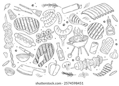 BBQ party outline icons set, barbecue, grill or picnic. Grilled salmon, sausage, vegetables, meat steak and shrimp drawing monochrome illustration. Hand drawn barbecue tools.