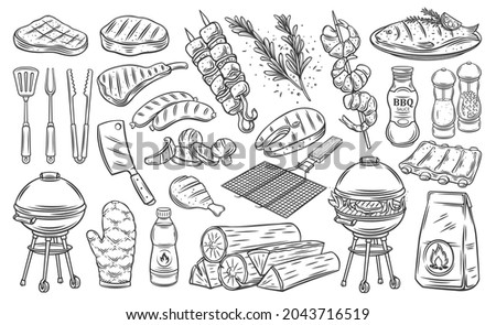 BBQ party outline icons set, barbecue, grill or picnic. Grilled salmon, sausage, vegetables, meat steak and shrimp drawing monochrome illustration. Hand drawn barbecue tools.