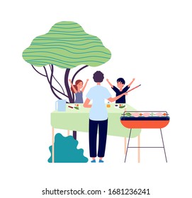 BBQ party. Parent and children. Eating on nature, backyard picnic. Kids happy kebab and vegetables vector illustration