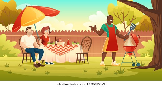 BBQ party. People at table on backyard and black man cooks meat on grill. Vector cartoon illustration of picnic with barbecue on summer lawn in park or garden