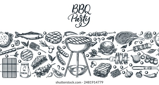 BBQ party picnic meal menu seamless horizontal background. Vector hand drawn sketch illustration of grilled food and snacks. Banner, poster, label package design elements