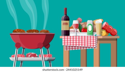 Barbacoa o picnic. Mesa con botella de vino, verduras, queso, lata de cerveza. Parrilla eléctrica con barbacoa. Cocinar bistec, carne y salchichas, barbacoa a la parrilla. Ilustración vectorial estilo plano