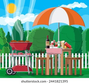 Grillparty oder Picknick. Tisch mit Flasche Wein, Gemüse, Käse, Dose Bier. Elektrischer Grill mit Grill. Kochen Steak, Fleisch und Würstchen, Grillen. Vektor-Illustration flacher Stil