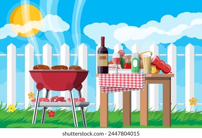 Grillparty oder Picknick. Tisch mit Flasche Wein, Gemüse, Käse, Dose Bier. Elektrischer Grill mit Grill. Kochen Steak, Fleisch und Würstchen, Grillen. Vektorillustration flacher Stil