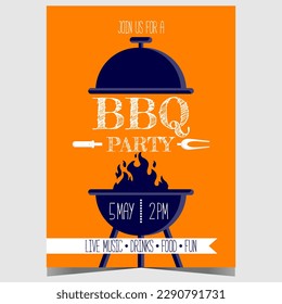 BBQ party poster or banner design template with grill and flame ready to roast a beef or pork steak, chicken and sausage. Vector illustration for barbecue family weekend promotion. Ready to print.