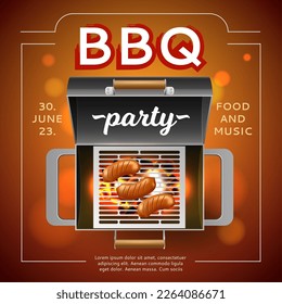 Bbq party poster. Barbecue invitation card template, picnic in backyard, grill top view with hot coals and frying sausages, 3d isolated elements. Roast outdoor cooking utter vector concept