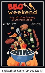 BBQ party poster. Barbecue weekend invitation. Grill event banner. Cooking over open fire. Grilled ingredients. Meat and vegetables. Barbeque picnic. Sausages roast