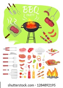 BBQ party poster barbeque. Grilling meat, skewers brochettes and roasted sausages on fork. Flatware with vegetables sauce and served meals vector