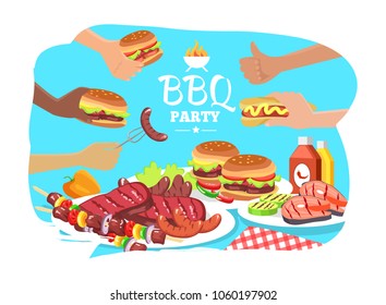 BBQ party poster, colorful vector illustration, grill food collection, tasty BBQ sausages and vegetables, varied meat steaks, burgers and hot dogs