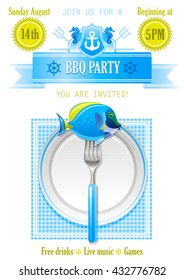 BBQ party poster design with fish icon plate