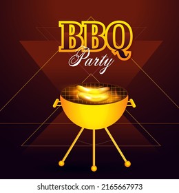 BBQ Party Poster Design With Golden Barbecue Grill On Brown And Purple Triangle Shape Background.