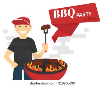 BBQ party poster. Flat illustration of smiling guy is cooking barbecue steak. Isolated on white background