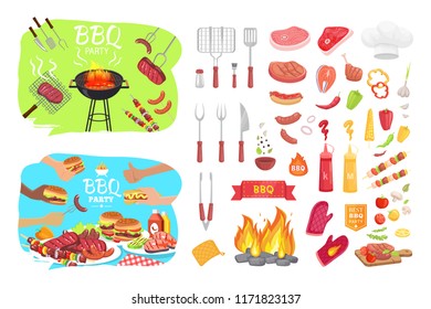 BBQ party poster and isolated icons vector. Grilled roasted meat with utensils ham and beef. Sausages and vegetables veggies and hamburgers hot dogs