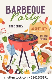 BBQ party poster template. Ad flyer design with barbecue grill, brazier and meat food. Vertical promo card for summer barbeque picnic, festival. Flat vector illustration of advertisement fliers