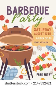BBQ party poster template. Summer barbecue picnic flyer design with brazier and meat food. Vertical ads banner for barbeque festival. Flat vector illustration of promotion card, advertisement