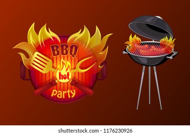 BBQ party poster with text in flame. Barbecue icon of brazier with grille grid and sausages cooking on fire. Hot meal frankfurters preparation vector