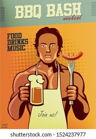 BBq party Promotion flyer, banner or template design with beer glass, man, sausage with a backdrop of abstract mesh yellow, orange colors. Vintage concept background, template, logo, labels, layout.