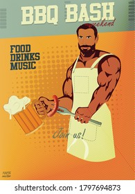 BBq Party Promotion Flyer, Banner Or Template Design With Beer Glass, Man, Sausage With A Backdrop Of Abstract Mesh Yellow, Orange Colors. Vintage Concept Background, Template, Logo, Labels, Layout.