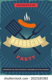 BBQ party retro poster, vector illustration