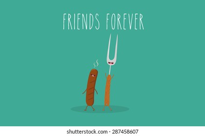 BBQ party. Sausage and barbecue tool. Vector cartoon.Vector illustration. Friends forever. Comic characters. Use for card, poster, banner, web design and print on t-shirt. Easy to edit.